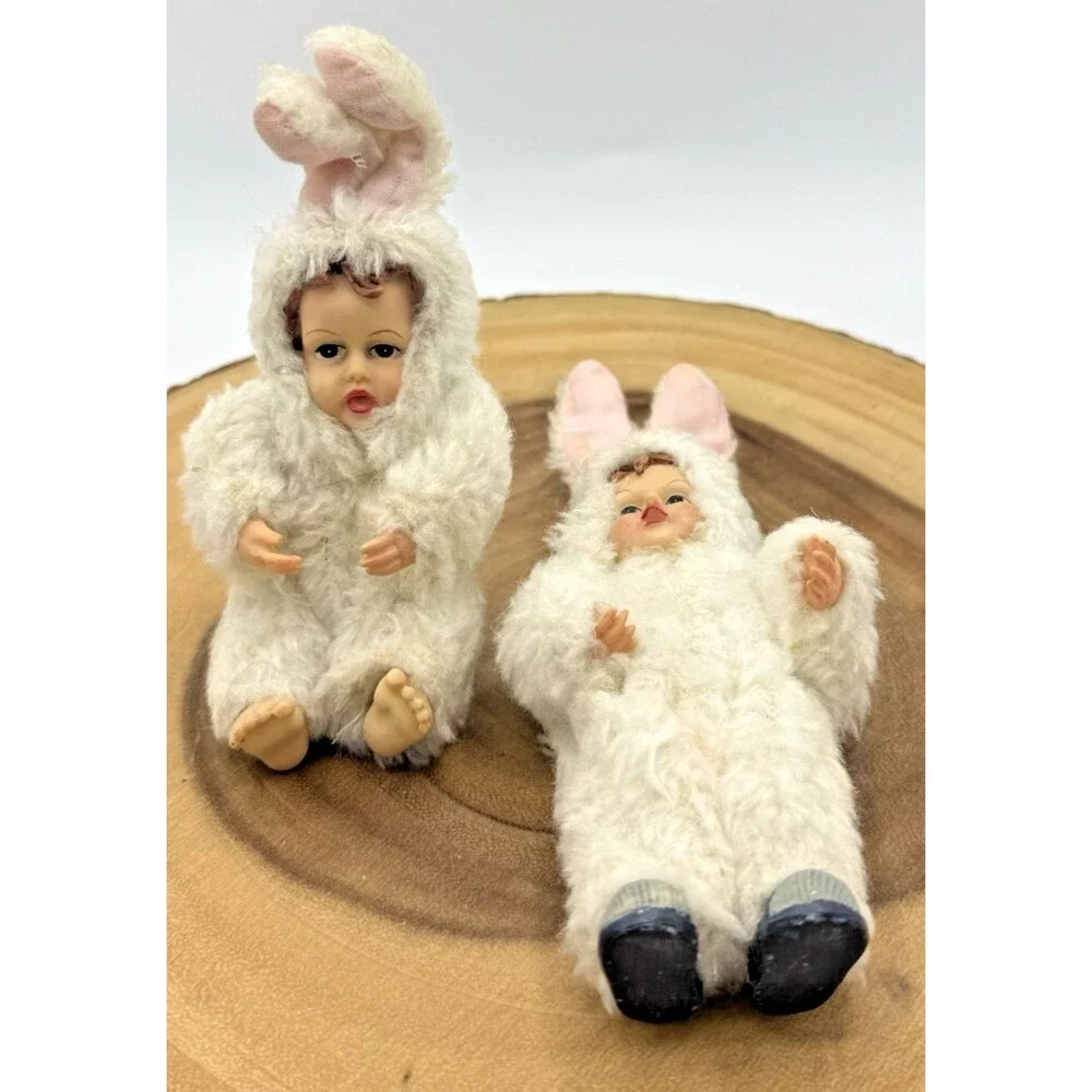 2 Vintage Miniature Porcelain Doll  in Fuzzy Fabric Bunny Costume 4